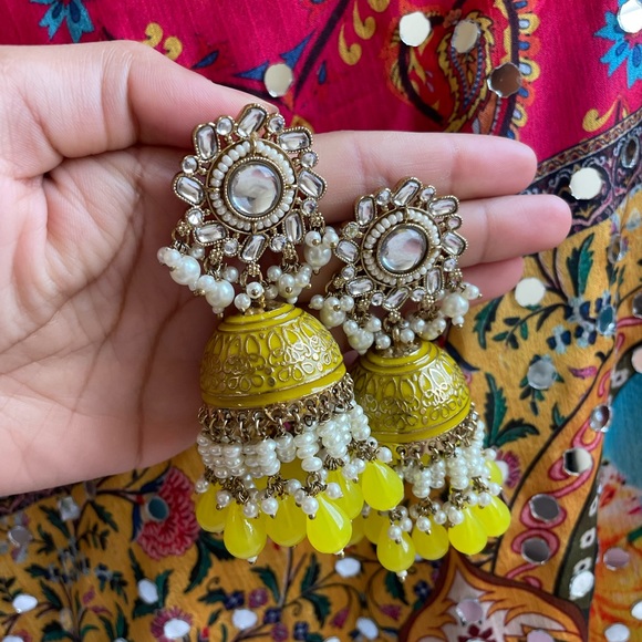 Yellow Heavy Jhumka - Picture 3 of 8